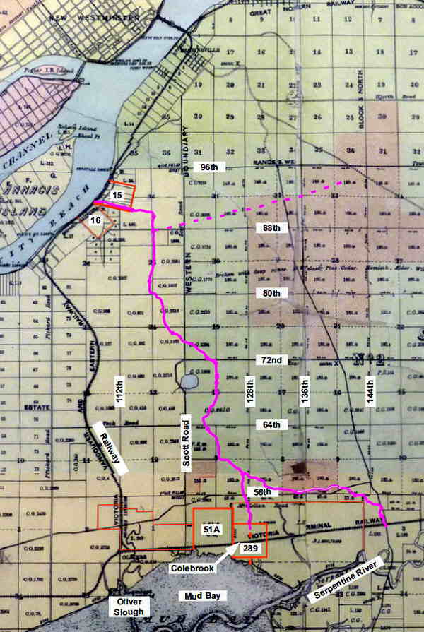Kennedy Trail (magenta line) overlaid on 1905 map